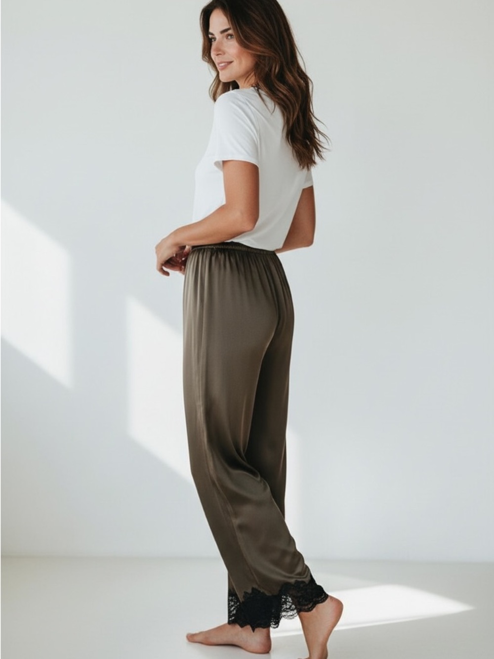 Zara Olive Satin Wide-Leg Pants with Black Lace Trim